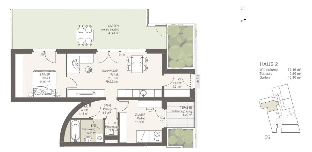 Grundriss einer Wohnung mit zwei Schlafzimmern, offenem Wohnbereich, Terrasse und Garten.