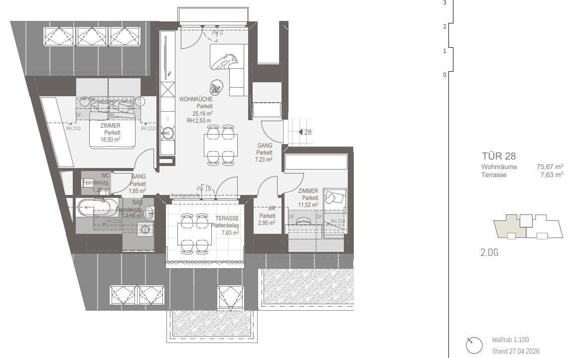 Grundriss einer Wohnung mit offener Wohnküche, Schlafzimmer und Zugang zu Terrasse und Balkon.