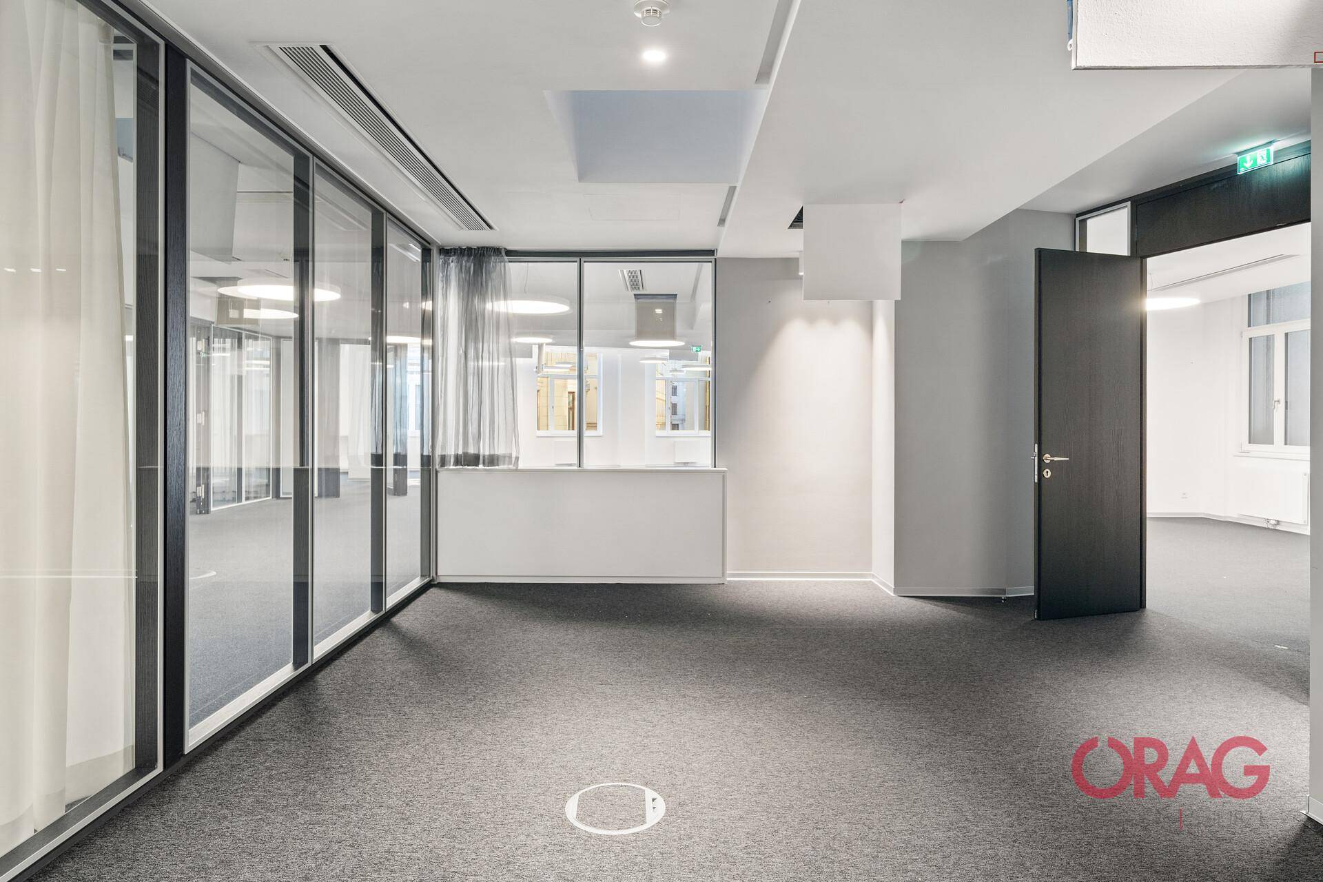 Modernes Büro mit grauem Teppichboden, Glaswänden und viel natürlichem Licht, bereit zur individuellen Einrichtung.