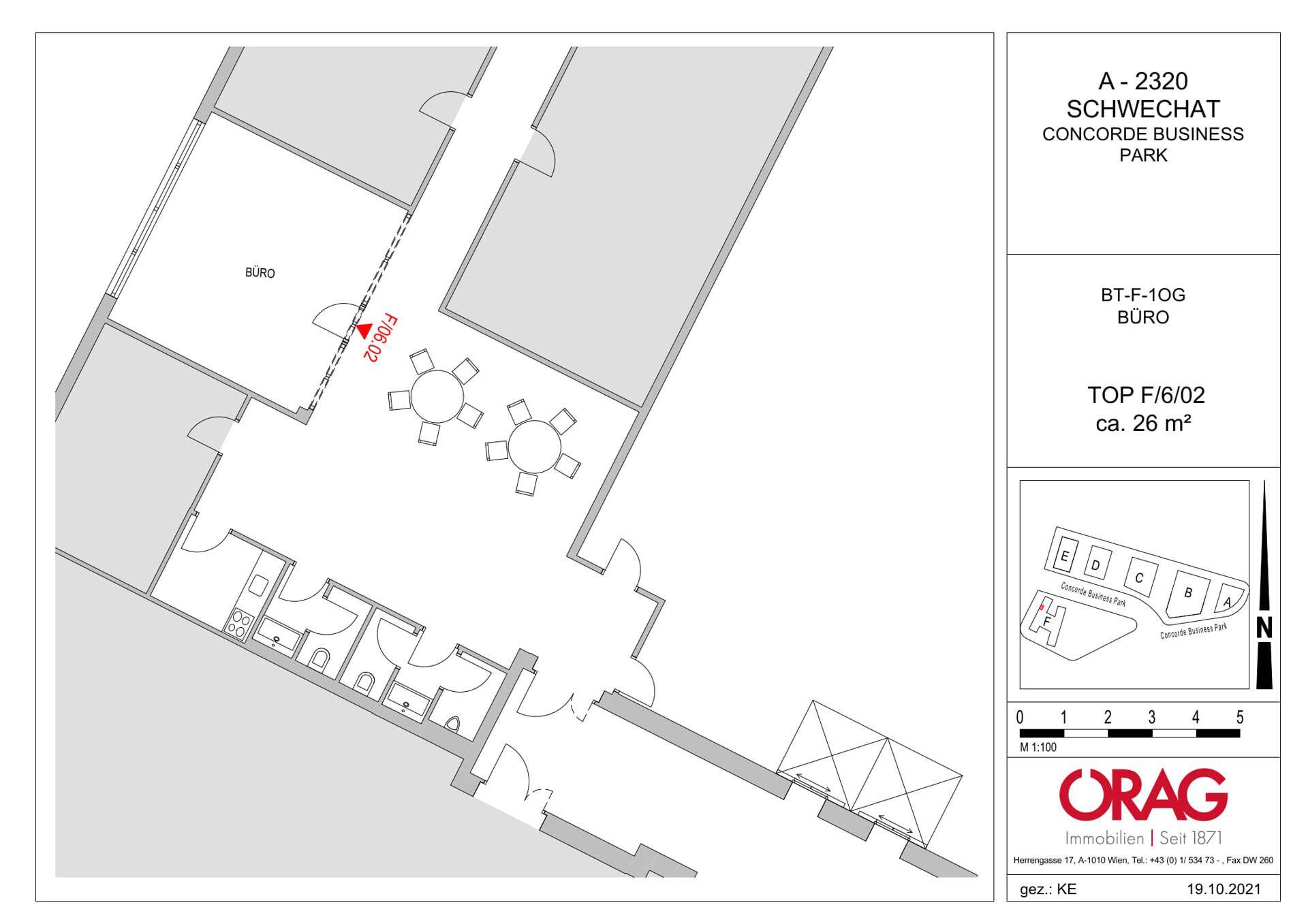 Grundrissplan eines Büros im Concorde Business Park mit separaten Räumen und Toiletten.