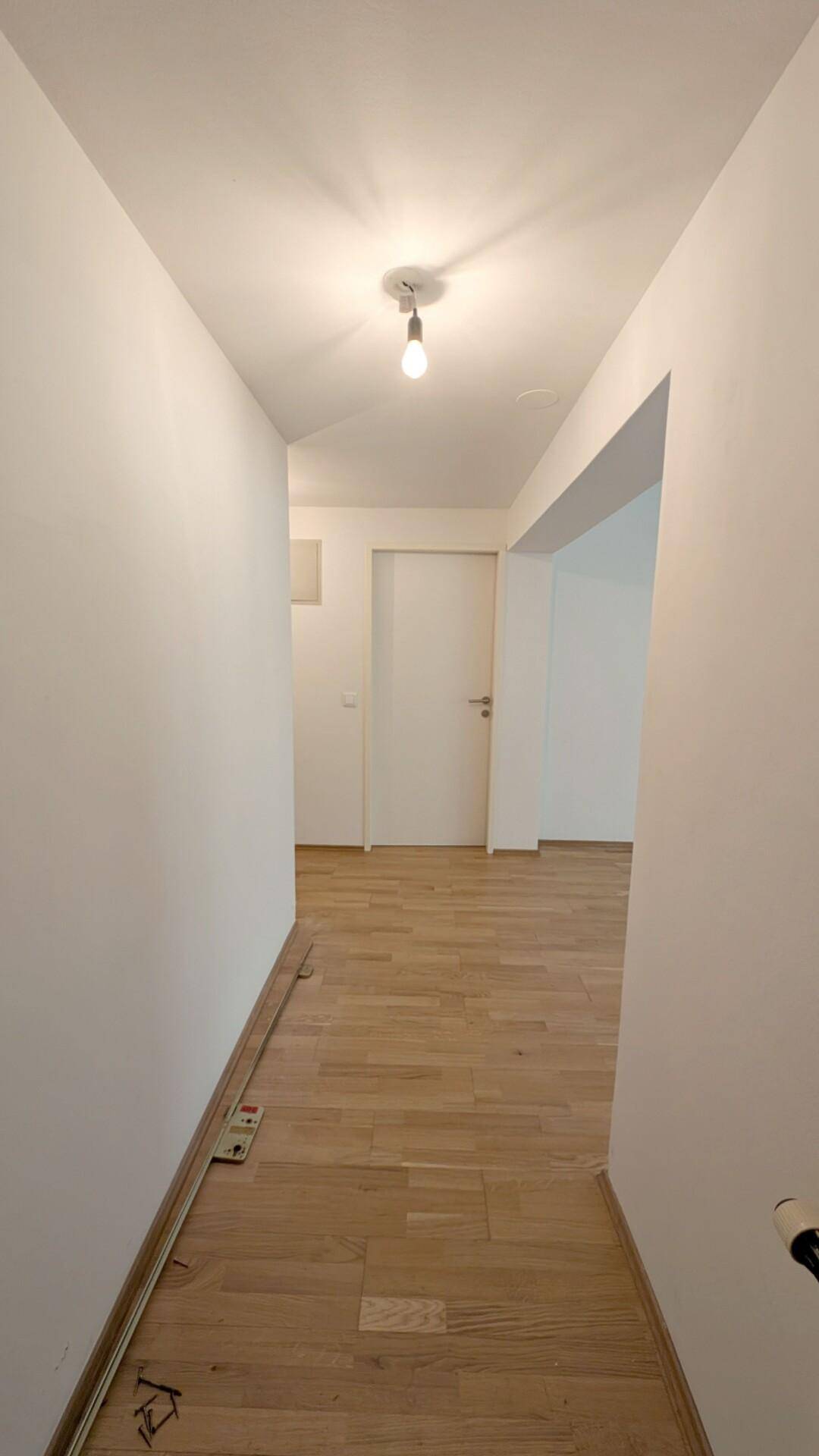 Heller Flur mit Parkettboden und weiß gestrichenen Wänden, führt zu weiteren Räumen.