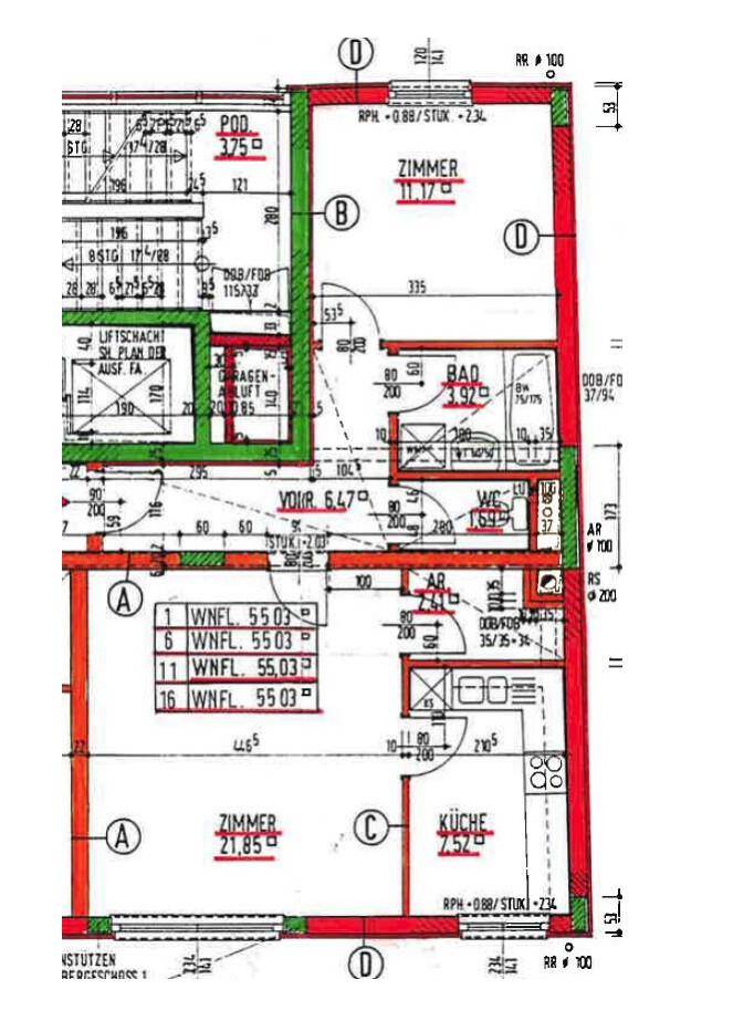 Detaillierter Grundriss der Wohnung mit Zimmern, Bad, WC und Küche.