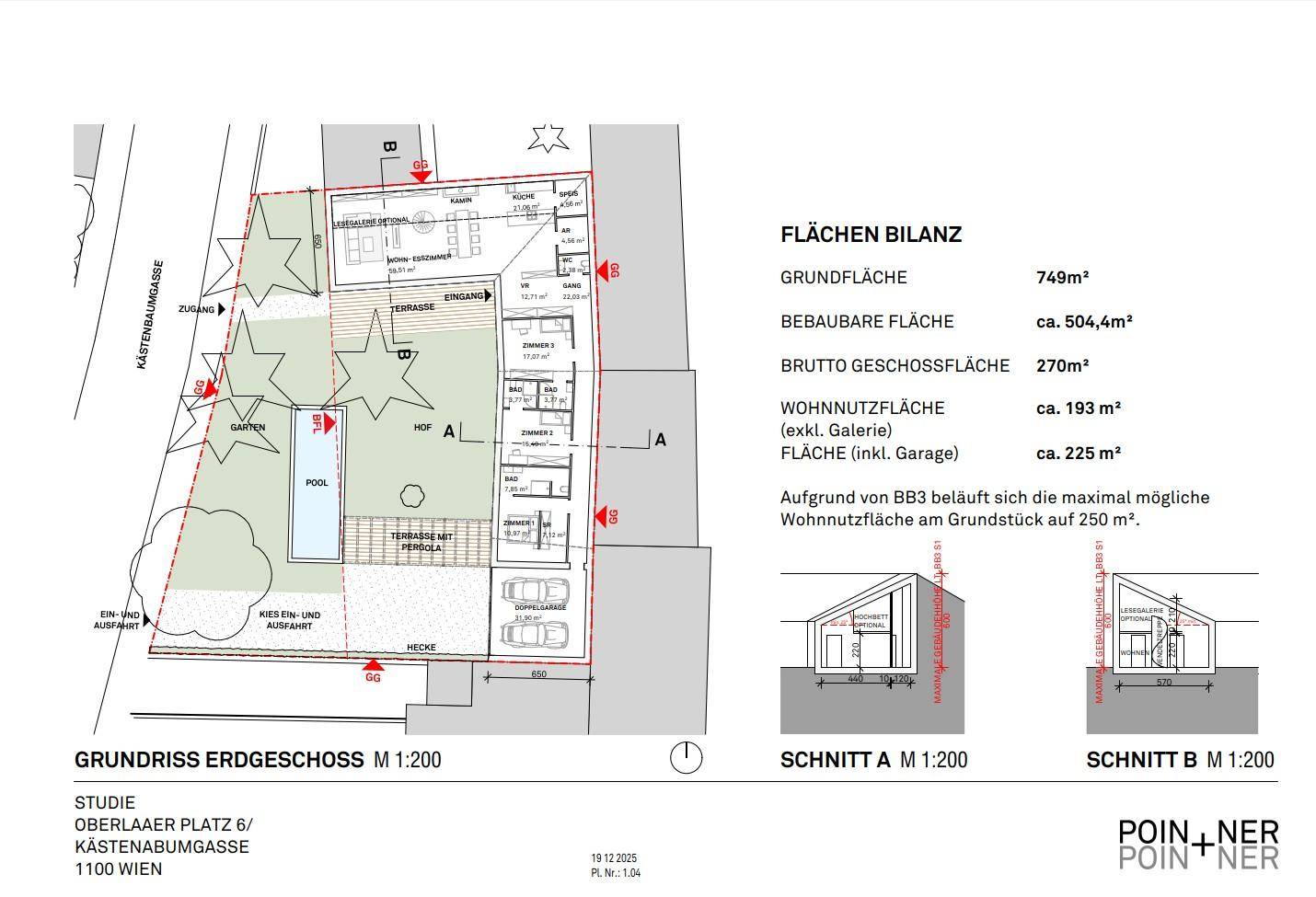 Detaillierter Grundriss des Erdgeschosses mit Garten, Terrasse und Poolbereich.