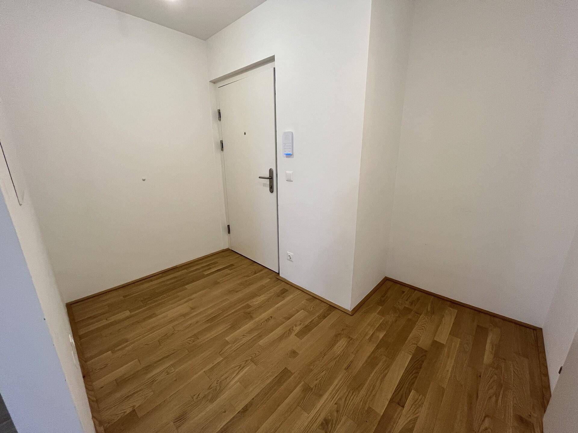 Heller Eingangsbereich mit Holzparkettboden und weißer Eingangstür.