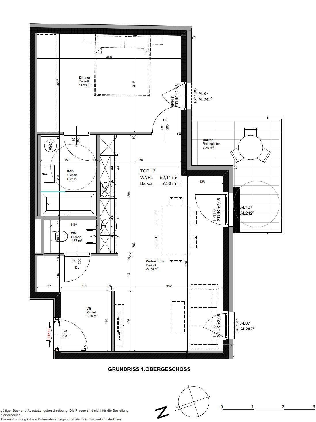 Detaillierter Grundriss der Wohnung im Obergeschoss mit Balkon und offener Wohnküche.