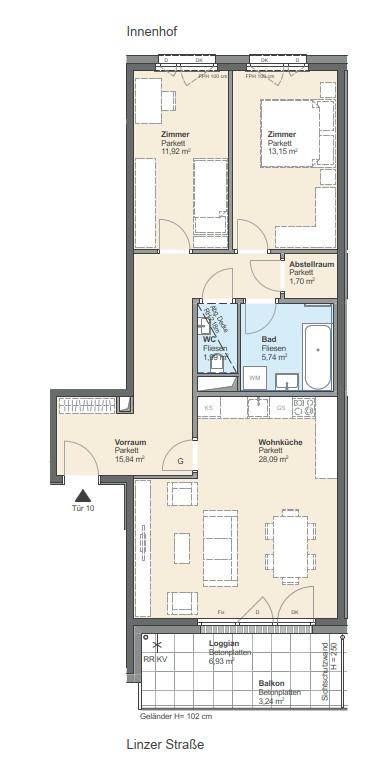 Detaillierter Grundriss einer Wohnung mit Wohnküche, zwei Schlafzimmern und Balkon.