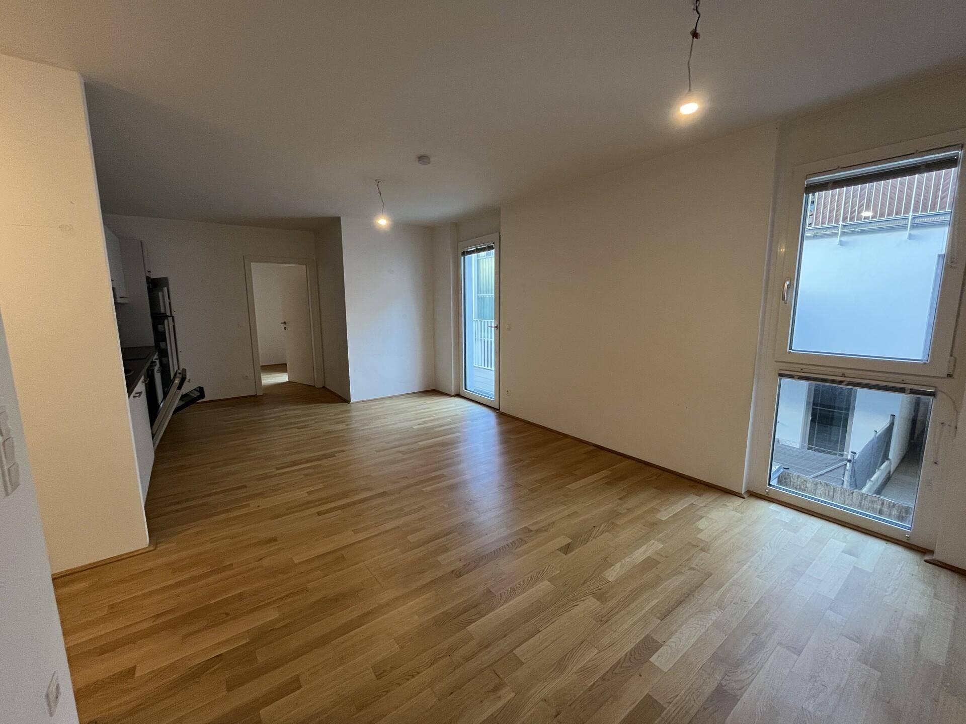 Lichtdurchfluteter Wohnbereich mit offener Küche, Holzparkett und Zugang zum Außenbereich.