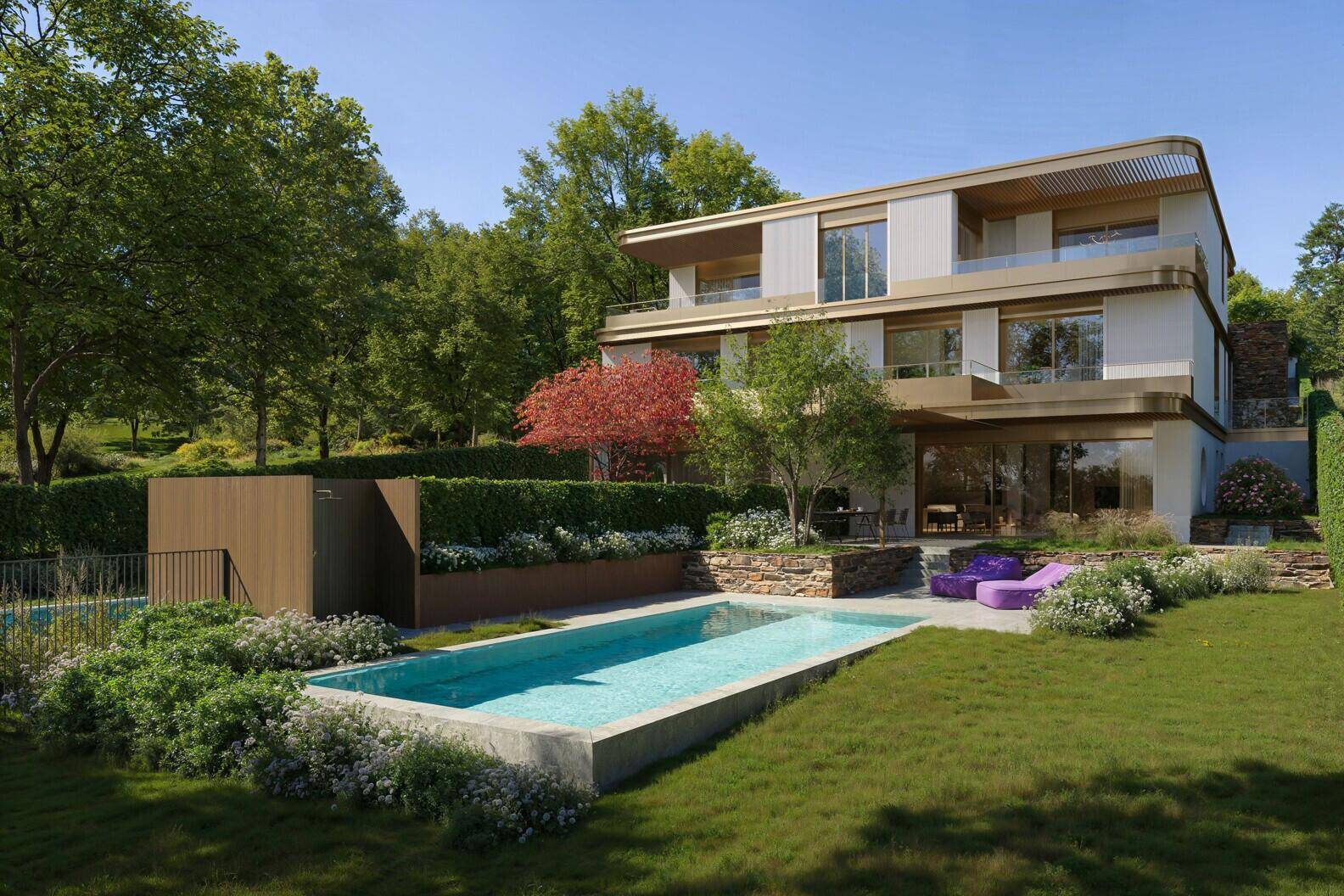 Modernes Wohnhaus mit weitläufigem Garten, privatem Pool und umgebenden Bäumen.