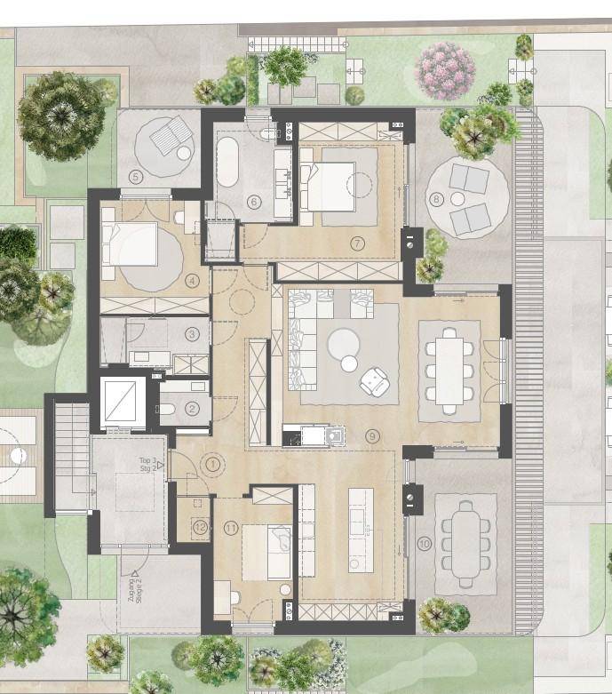 Detaillierter Grundriss einer Wohnung mit mehreren Zimmern, Bädern und Außenbereichen.