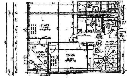 Grundriss mit Zimmern, Bad, separatem WC, Loggia, Balkon und Wendeltreppe.