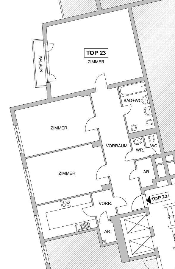 Grundriss der Wohnung mit drei Zimmern, Bad, WC, Vorraum und Balkon.