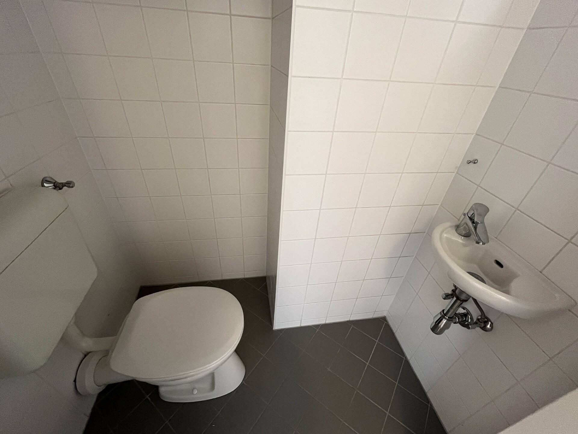 Separates WC mit Toilette, kleinem Eckwaschbecken und weißen Wandfliesen.