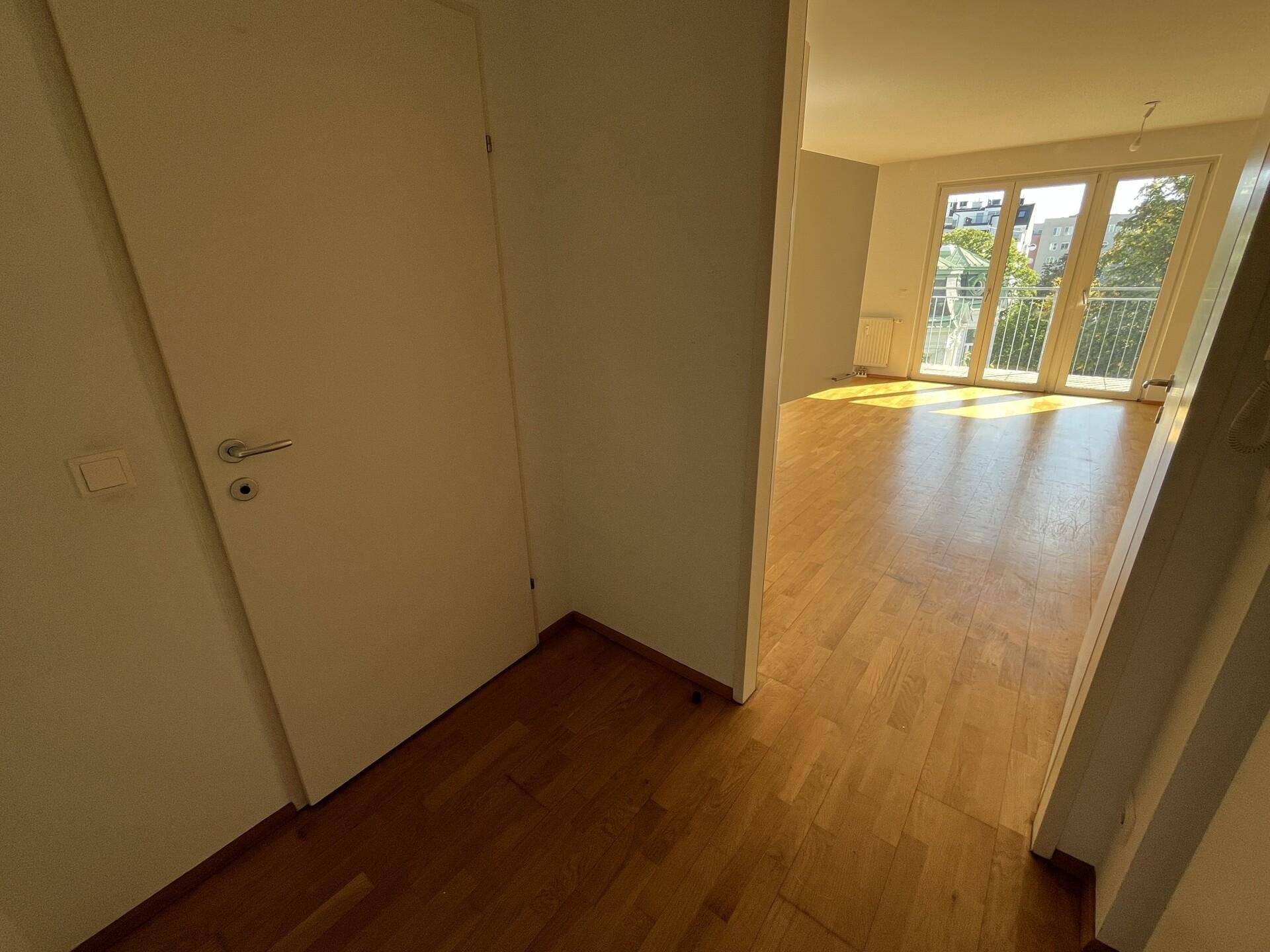 Flur mit Parkettboden, der in den hellen Wohnbereich mit Balkonzugang führt.