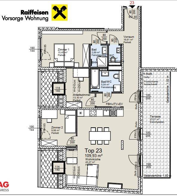 Detaillierter Grundriss der Wohnung Top 23 mit drei Zimmern und großer Terrasse.