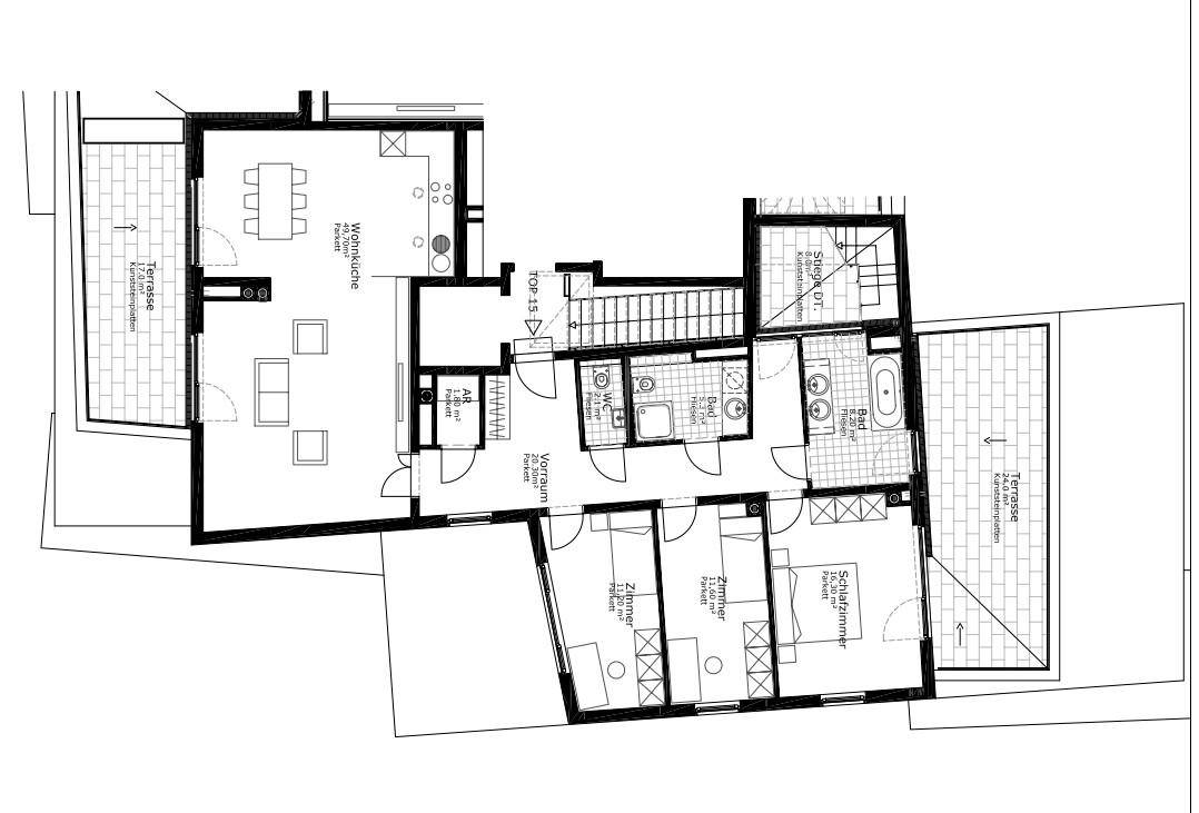 Detaillierter Grundriss einer Wohnung mit Terrasse, Wohnküche und Schlafzimmern.