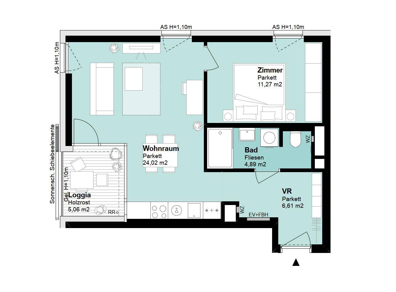 Grundriss einer Wohnung mit Wohnraum, Schlafzimmer, Bad und einer Loggia von 5,06 m².