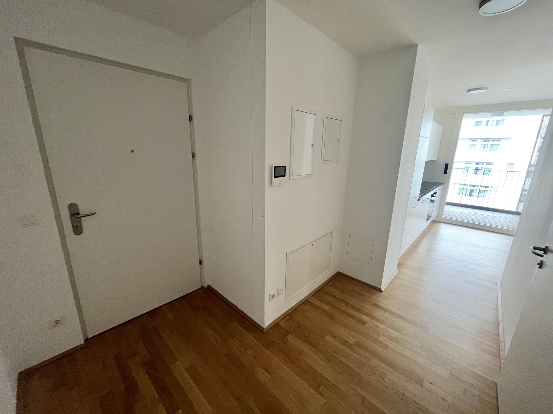Eingangsbereich mit Parkettboden und weißer Tür, der in den offenen Wohnbereich führt.