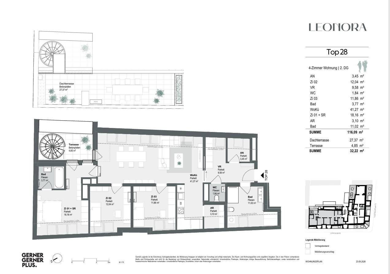 Grundriss einer 4-Zimmer-Wohnung mit Dachterrasse und offenem Wohnbereich.