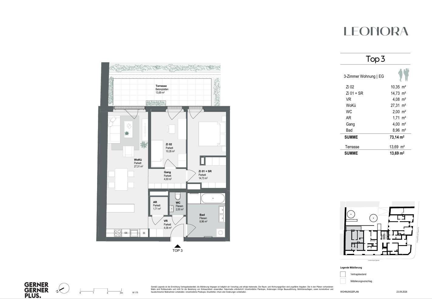 Grundriss der Wohnung Top 3 im Erdgeschoss mit Terrasse und funktionaler Raumaufteilung.