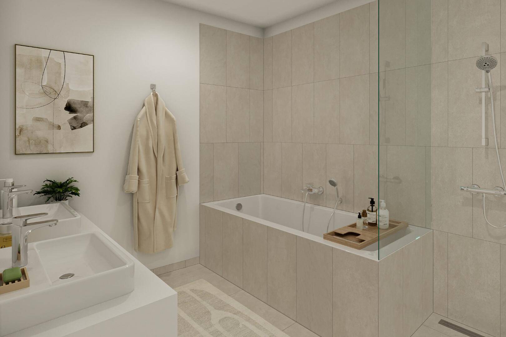 Modernes Badezimmer mit Badewanne, Doppelwaschbecken und hellen Fliesen.