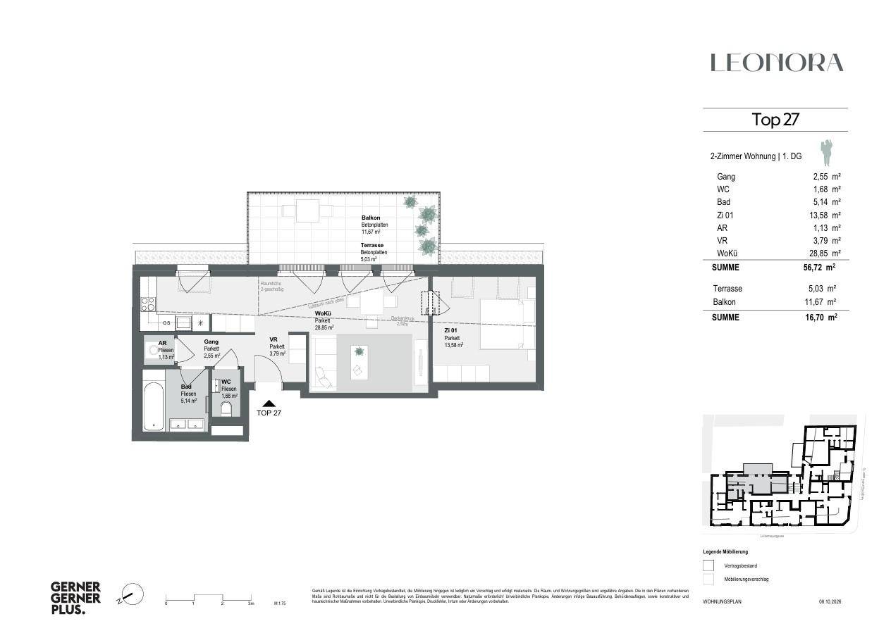 Grundriss einer 2-Zimmer-Wohnung mit Balkon und Terrasse im ersten Obergeschoss.