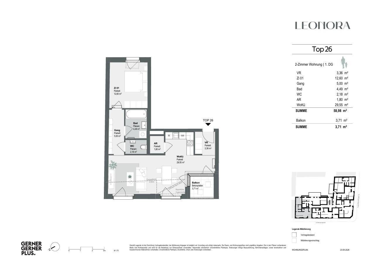 Detaillierter Grundriss einer 2-Zimmer-Wohnung mit Balkon und klarer Raumaufteilung.