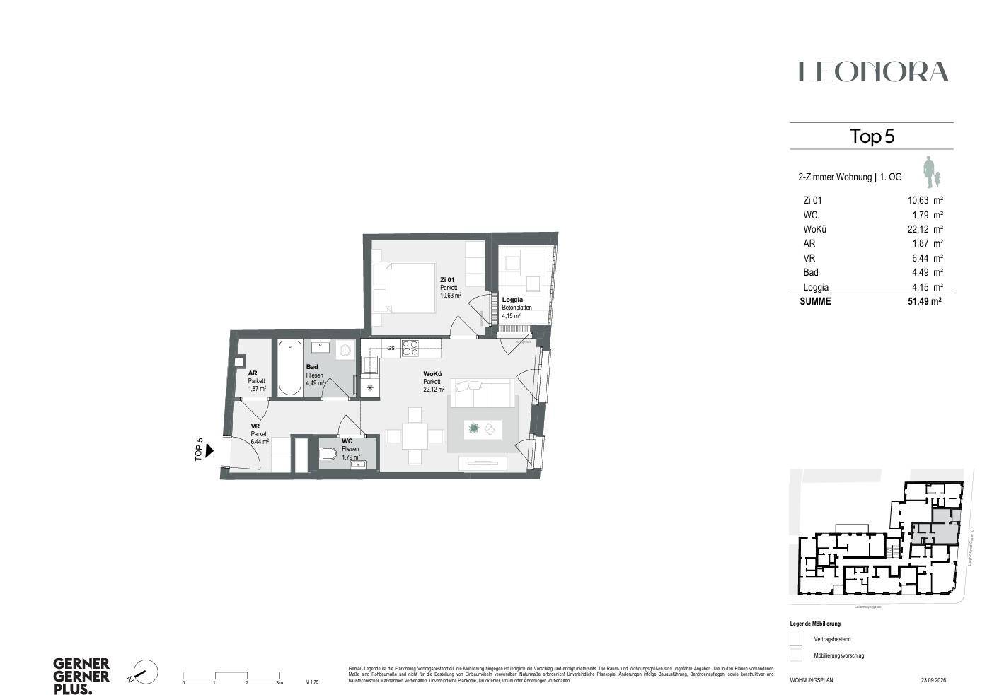 Grundriss der 2-Zimmer-Wohnung Top 5 mit Loggia und separatem WC.