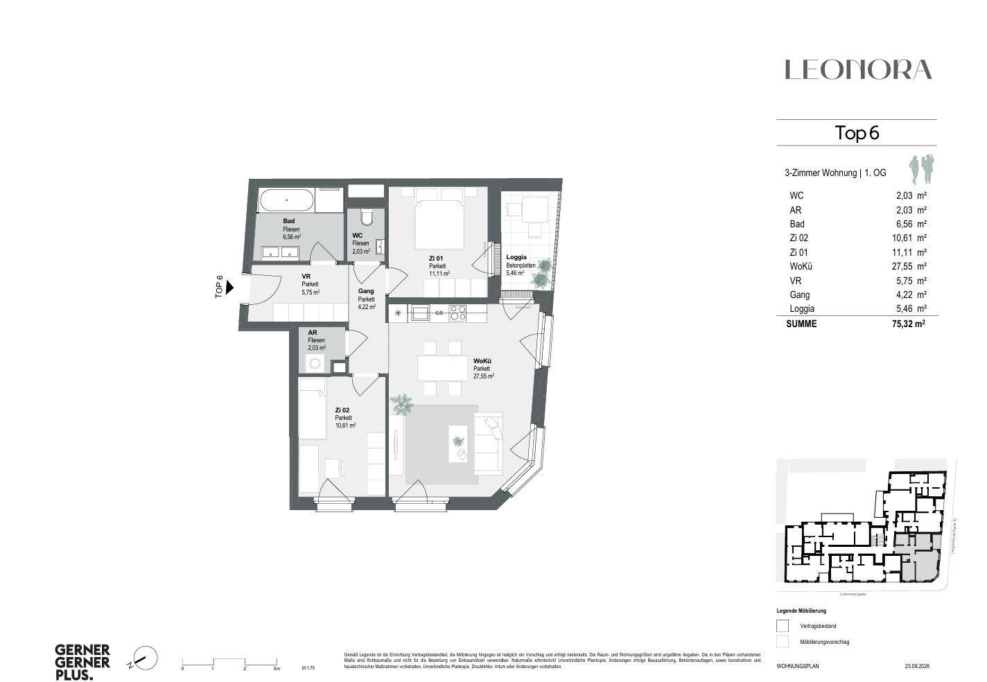 Detaillierter Grundriss einer 3-Zimmer-Wohnung mit Loggia, separatem WC und Badewanne.
