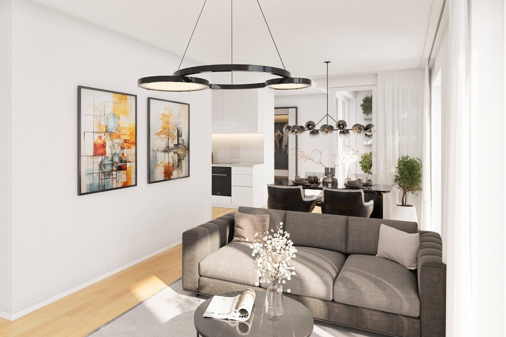 Offener Wohnbereich mit Esszimmer und Küche, modern eingerichtet und lichtdurchflutet.