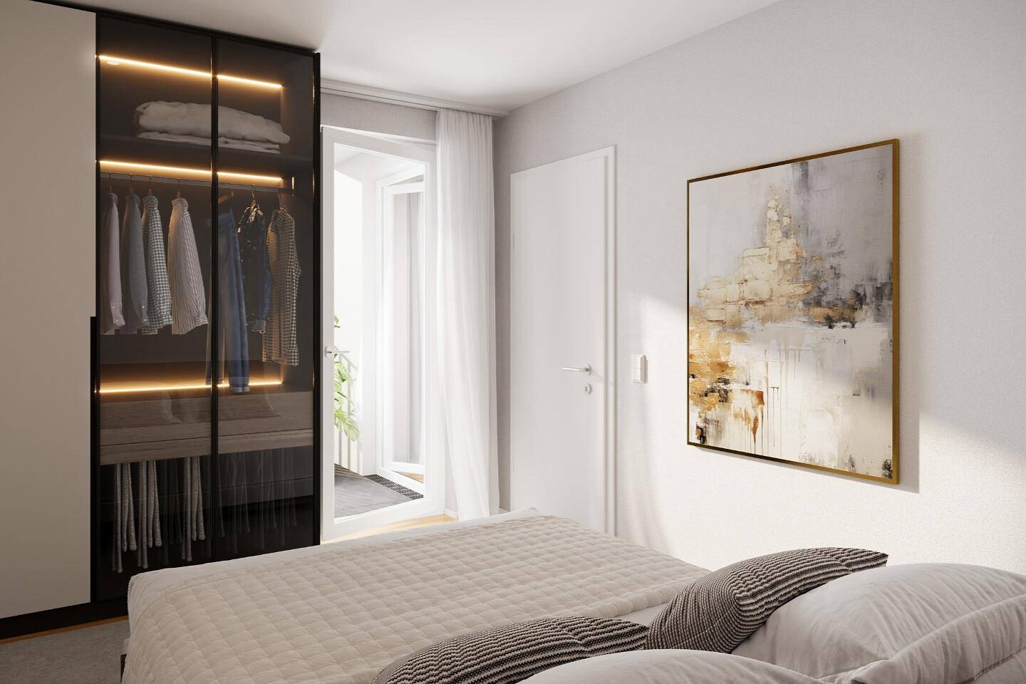 Schlafzimmer mit integriertem Kleiderschrank, modernem Kunstwerk und Zugang zu einem Außenbereich.
