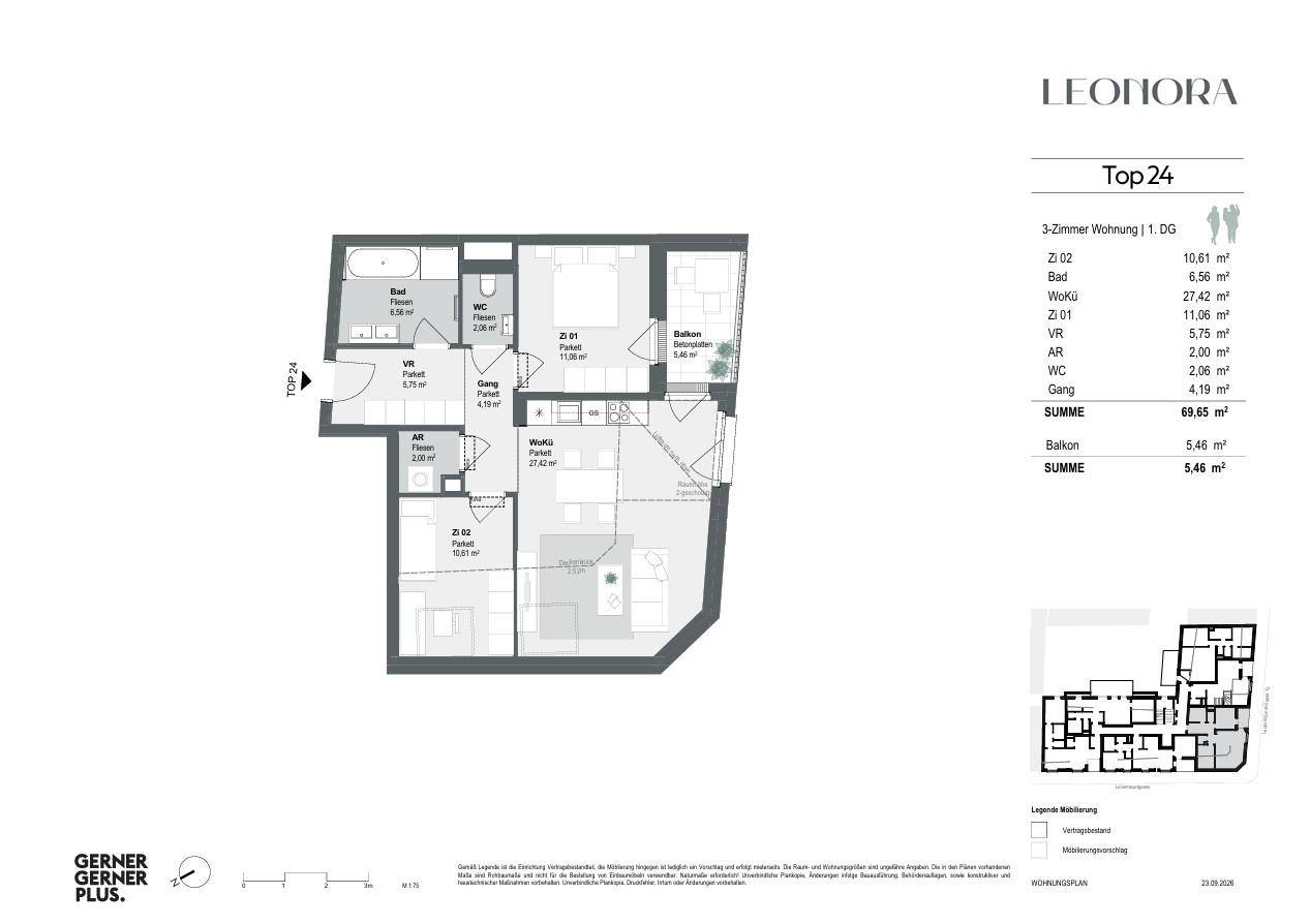 Grundriss der 3-Zimmer-Wohnung Top 24 mit Balkon und zwei Bädern.