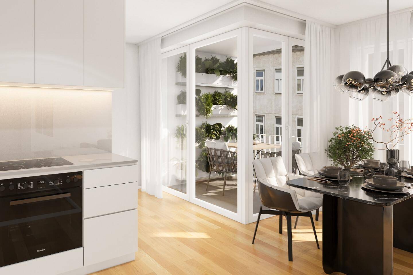 Moderne Küche mit Essbereich und Zugang zu einer verglasten Loggia mit Pflanzen.