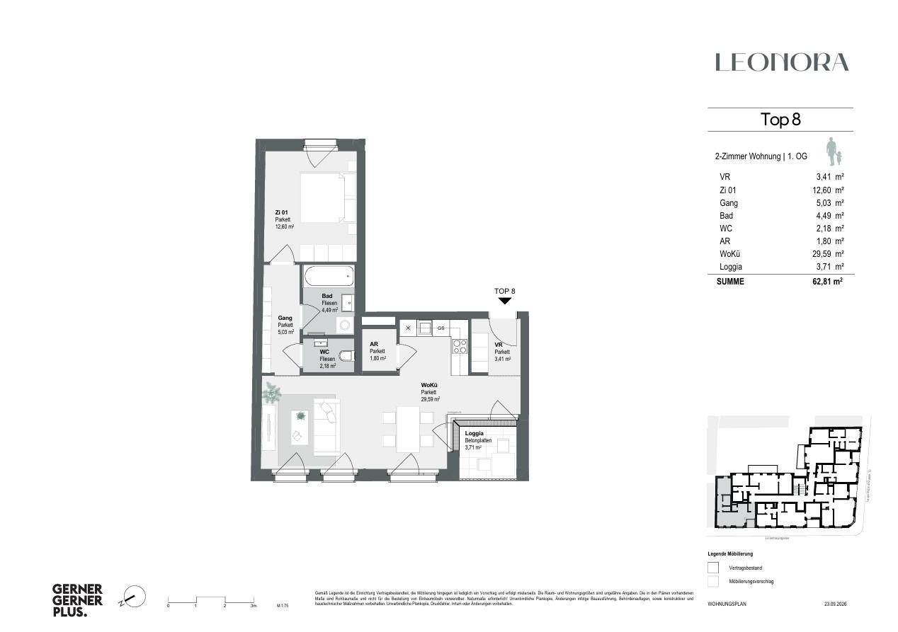 Grundriss der 2-Zimmer-Wohnung Top 8 mit Loggia und separatem WC.