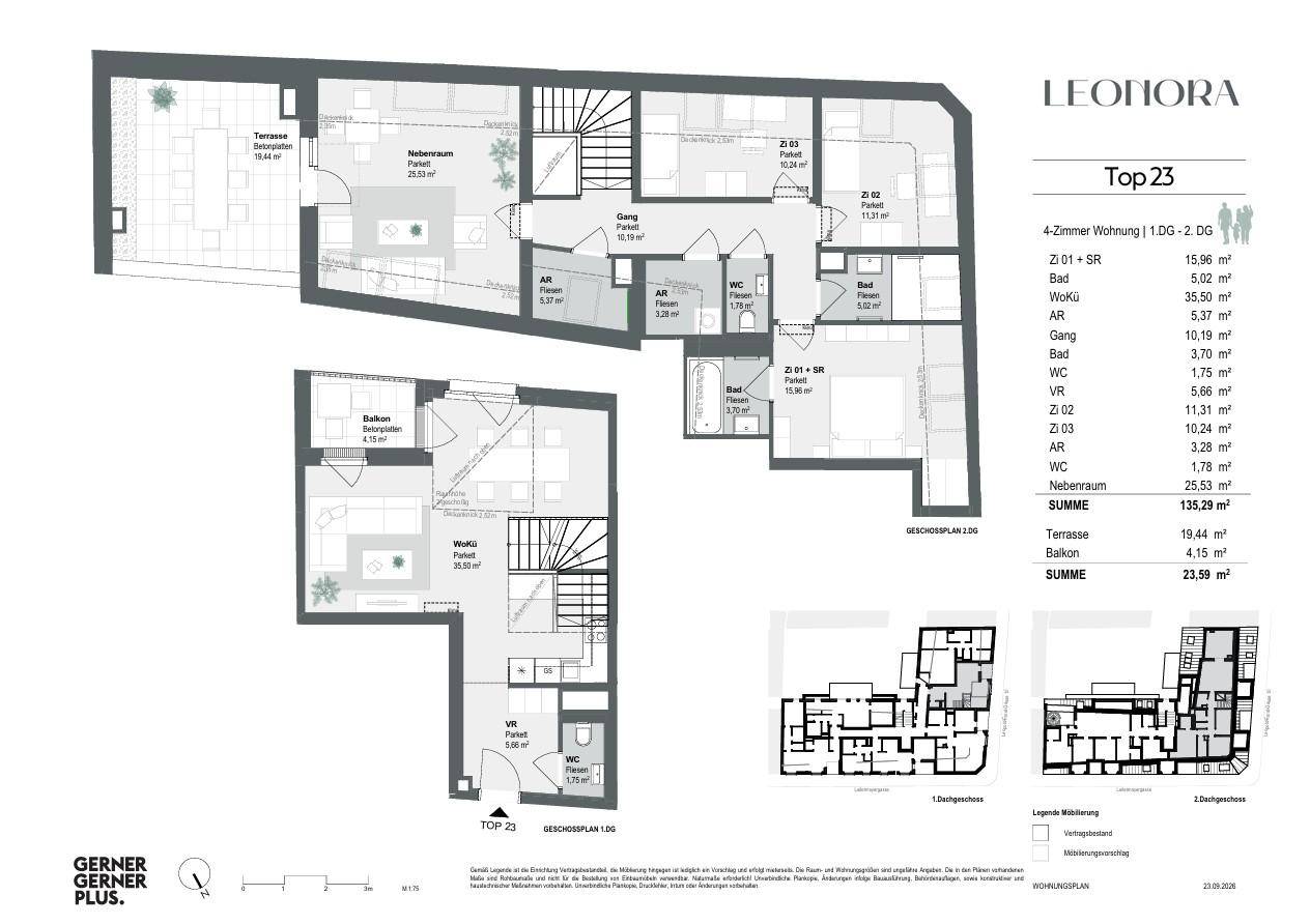 Detaillierter Grundriss einer 4-Zimmer-Wohnung mit Terrasse und Balkon auf zwei Ebenen.