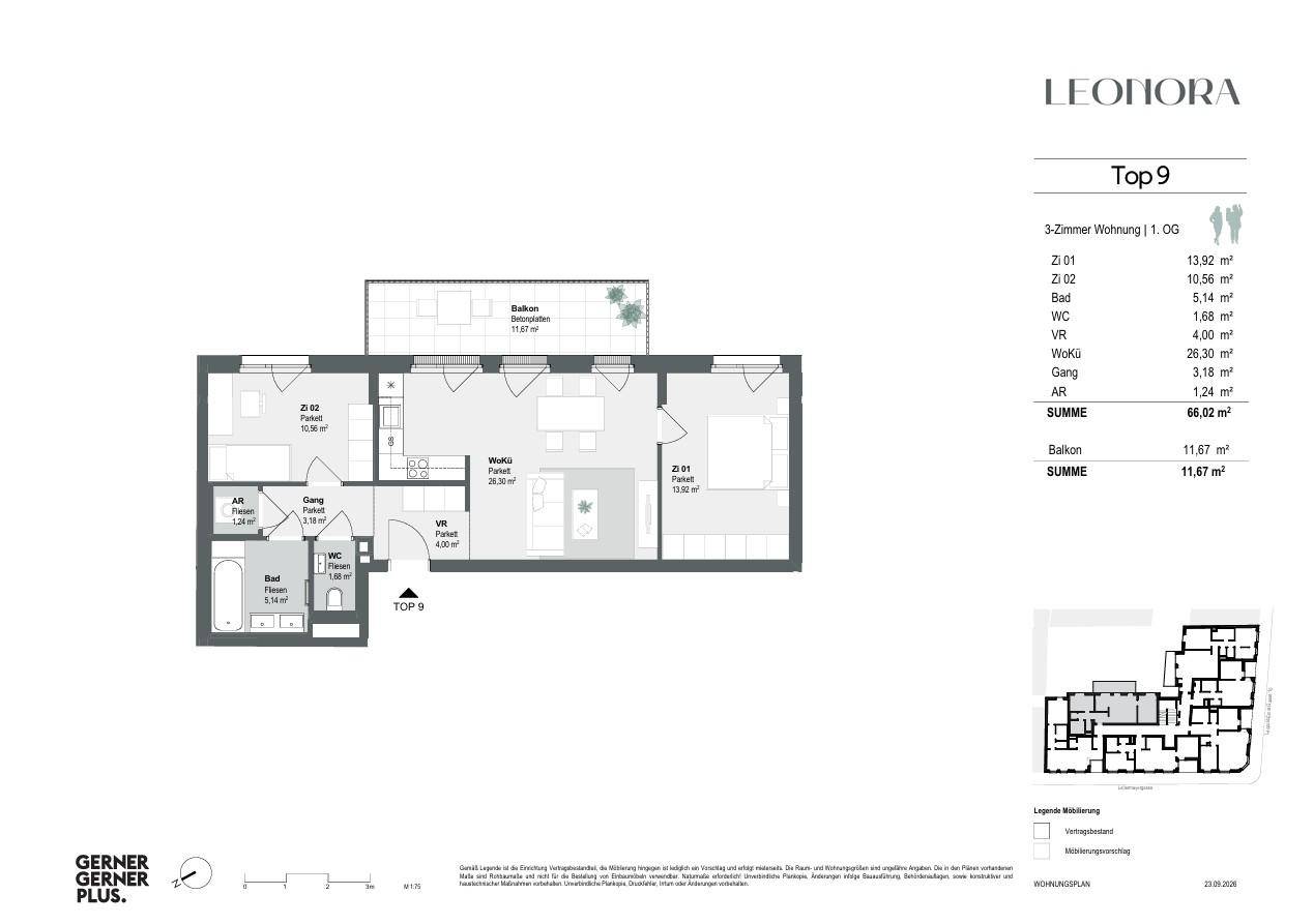 Grundriss der 3-Zimmer-Wohnung Top 9 mit Balkon und klarer Raumaufteilung.