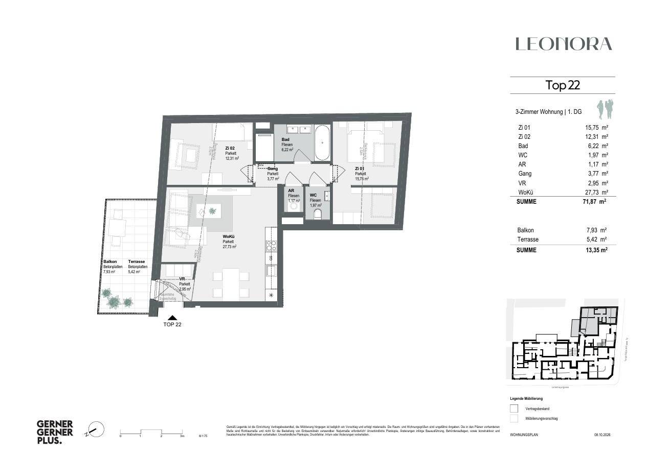 Detaillierter Grundriss einer 3-Zimmer-Wohnung mit Balkon und Terrasse.