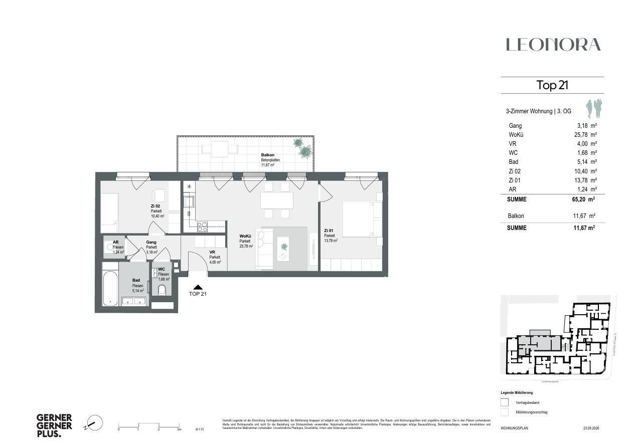 Grundriss einer 3-Zimmer-Wohnung im 3. Obergeschoss mit Balkon und separatem WC.