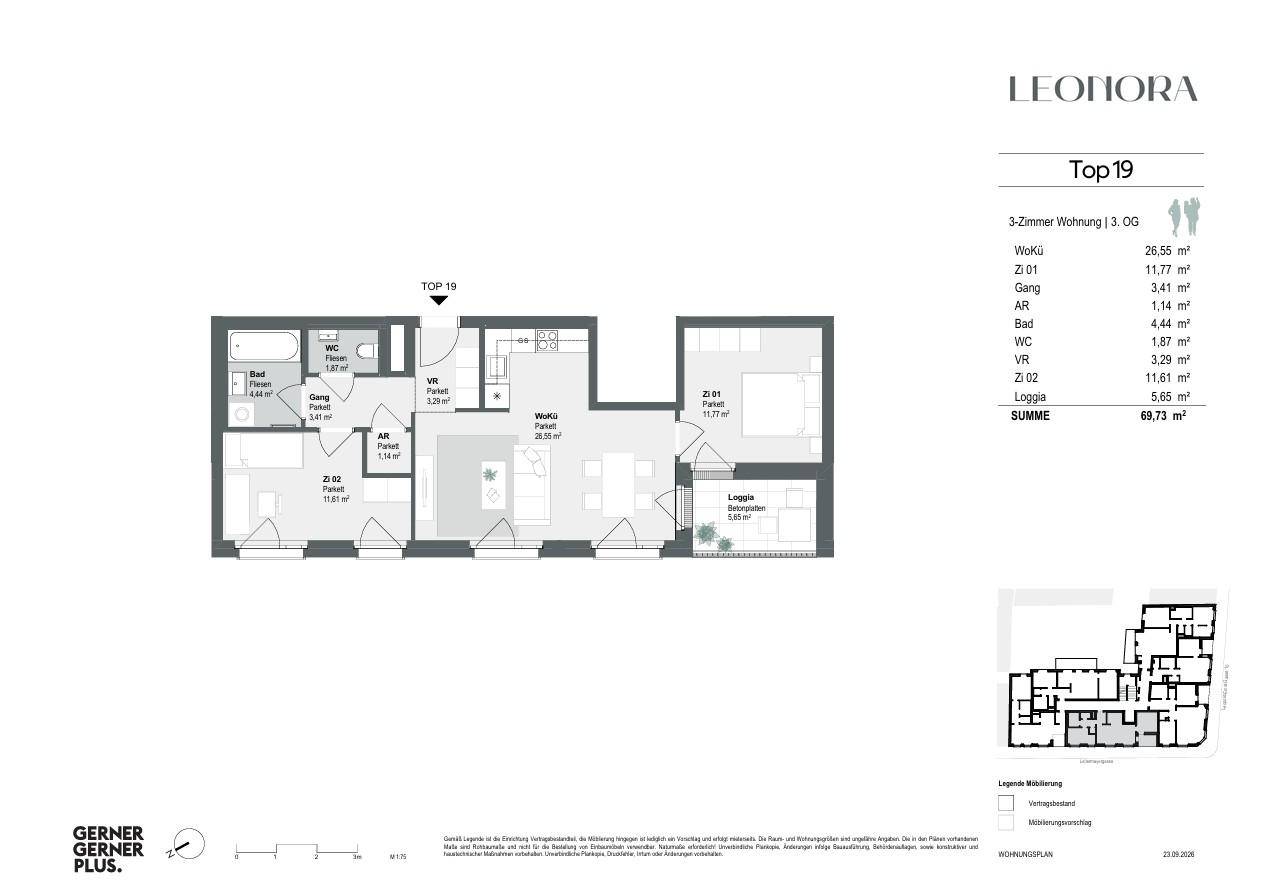 Grundriss einer 3-Zimmer-Wohnung mit Loggia und offenem Wohnbereich.