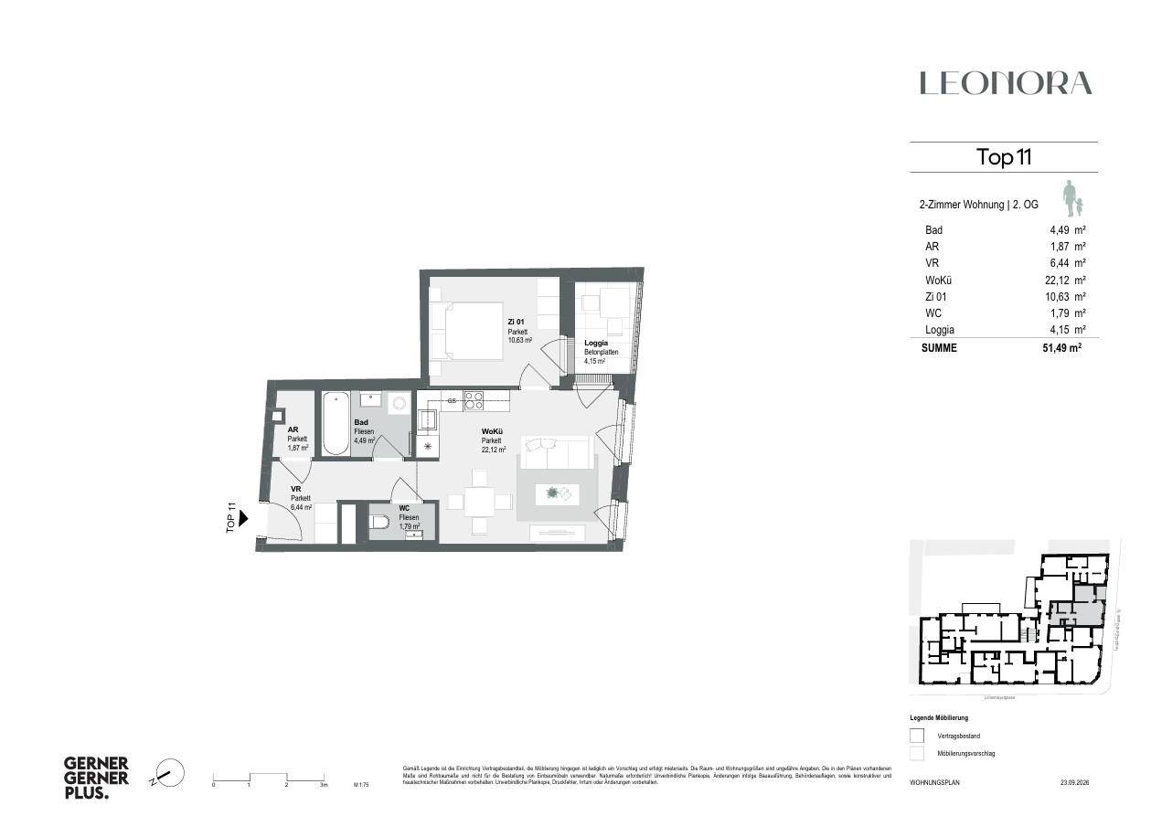 Grundriss der 2-Zimmer-Wohnung Top 11 im zweiten Obergeschoss mit Loggia.