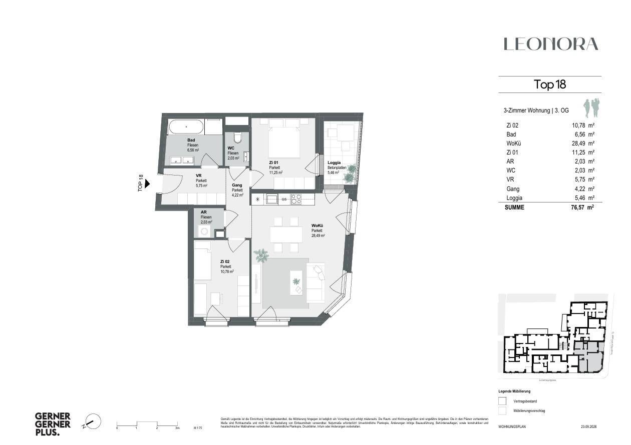 Grundriss einer 3-Zimmer-Wohnung im 3. Obergeschoss mit Loggia und zwei Bädern.