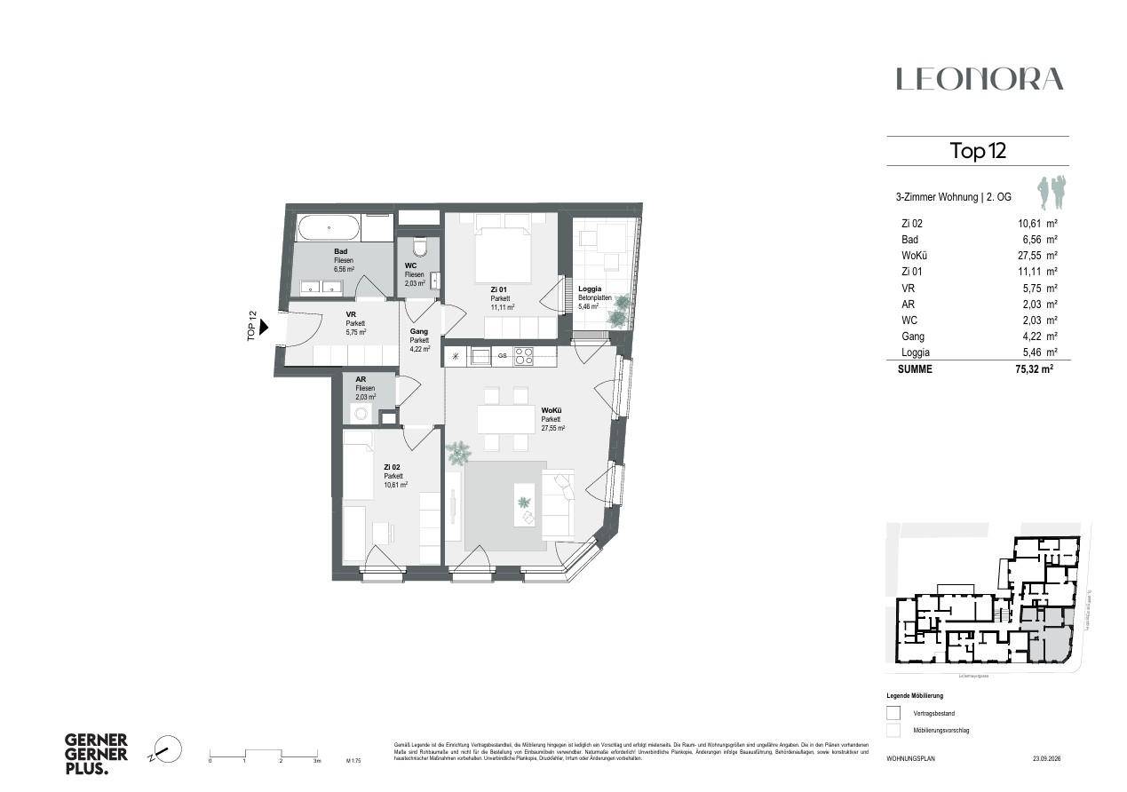 Grundriss der 3-Zimmer-Wohnung Top 12 mit Loggia und zwei Bädern.