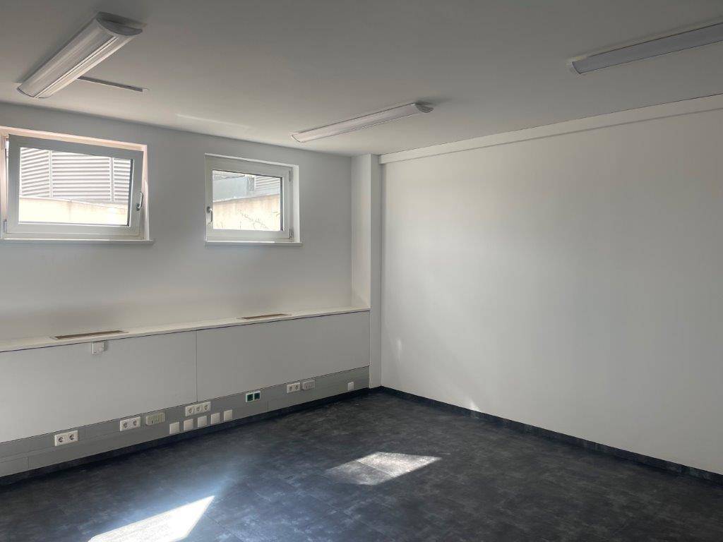 Leeres Büro mit weißen Wänden, dunklem Boden und zwei Fenstern, die Tageslicht hereinlassen.
