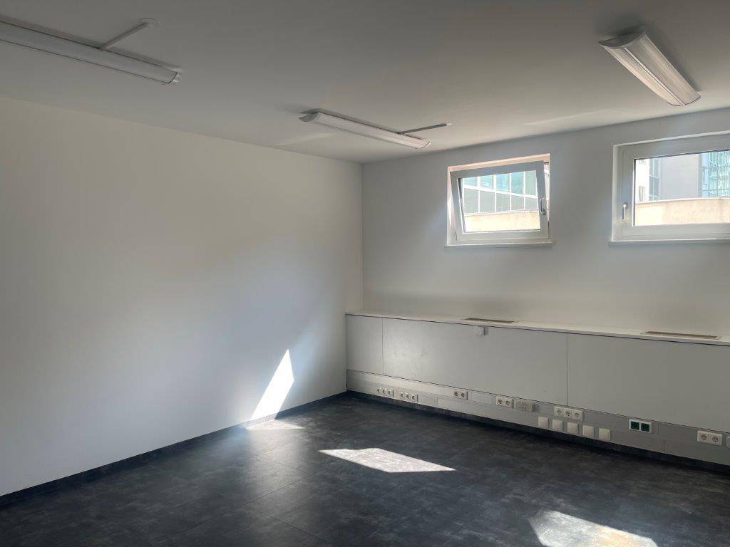 Helles, leeres Büro mit zwei Fenstern, dunklem Boden und Wandanschlüssen für Elektrik.