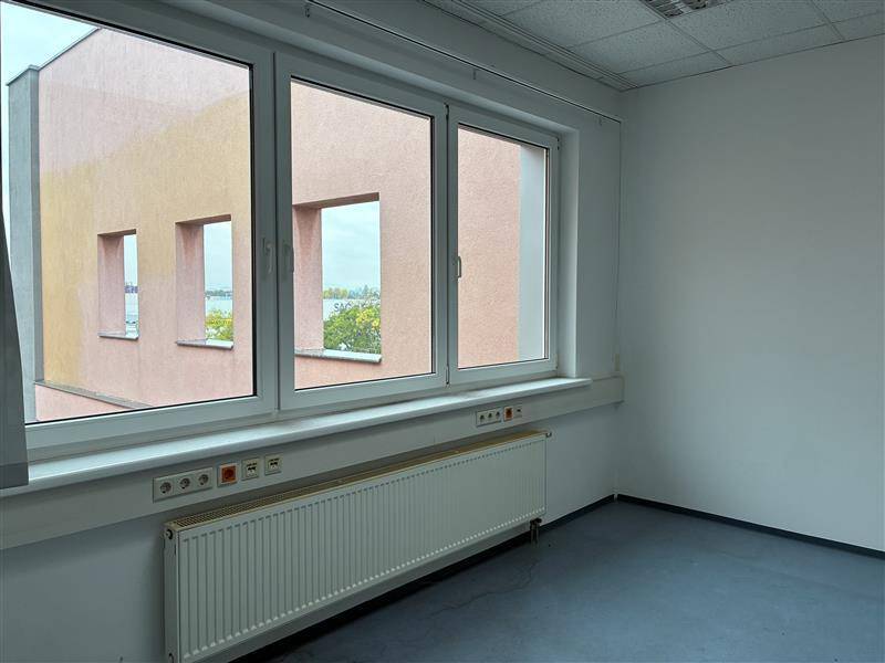 Nahaufnahme eines Fensters im Büroraum mit Blick auf die Fassade eines angrenzenden Gebäudes und viel Tageslicht.