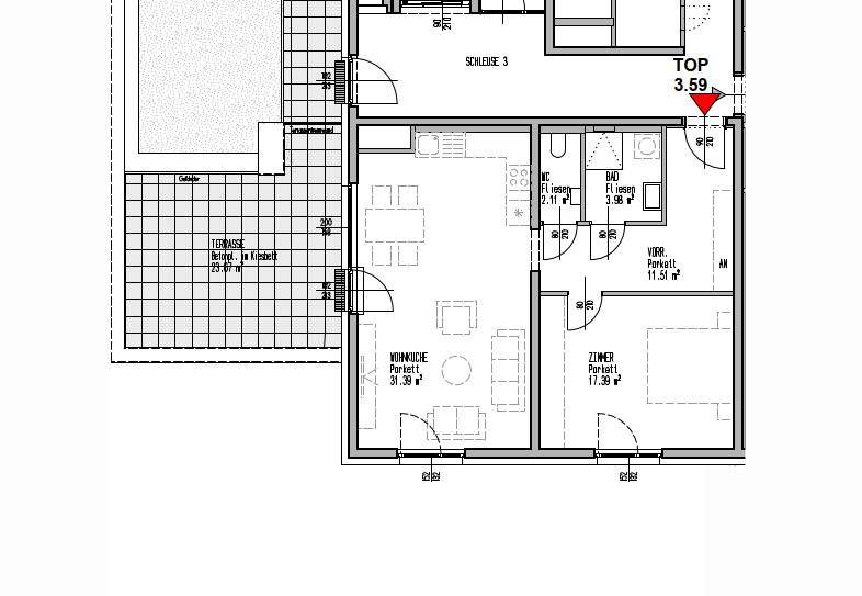 Grundrissplan einer Wohnung mit Terrasse, Wohnbereich und drei Schlafzimmern.