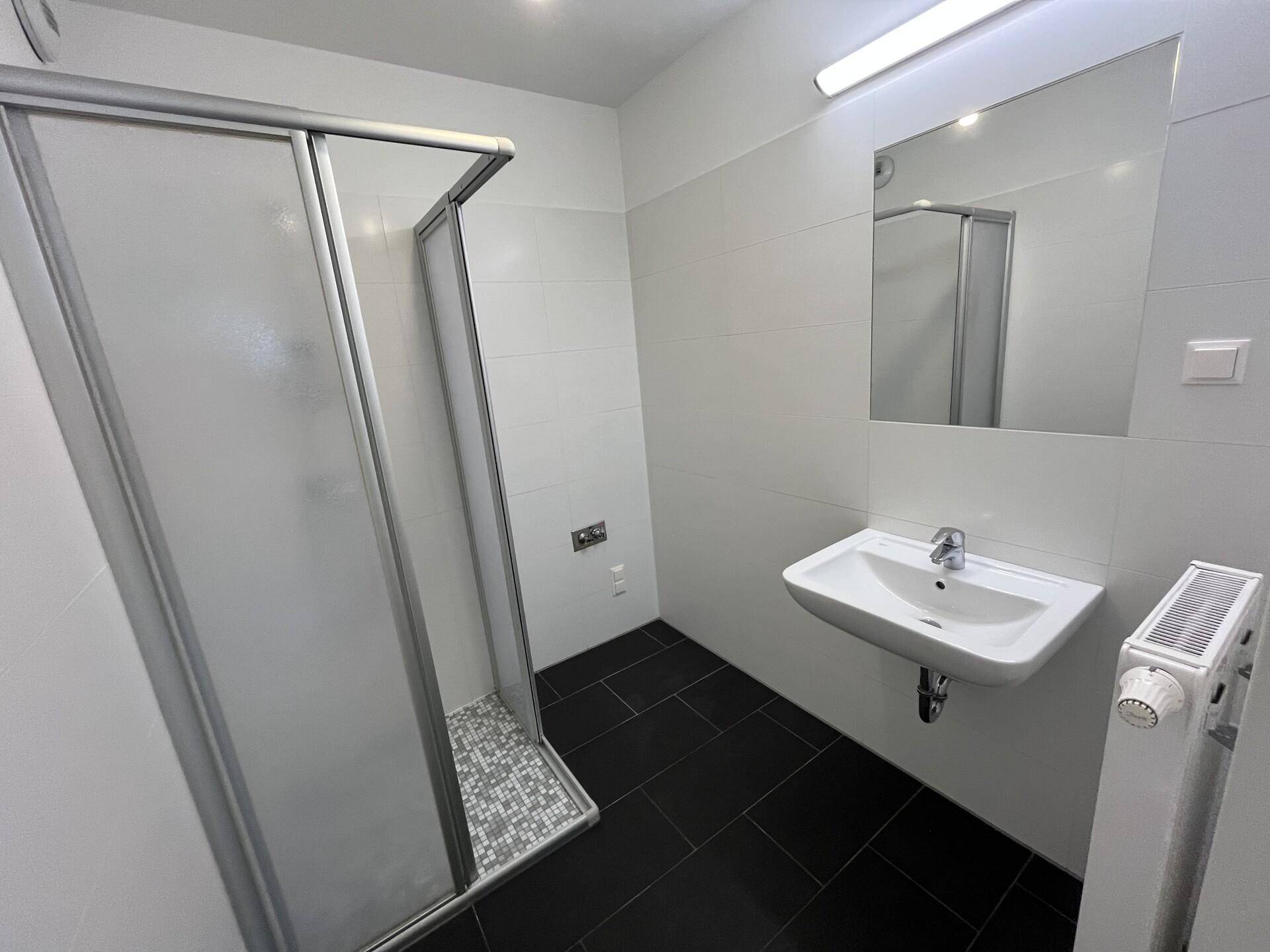 Modernes Badezimmer mit Duschkabine, Waschbecken und dunklen Bodenfliesen.