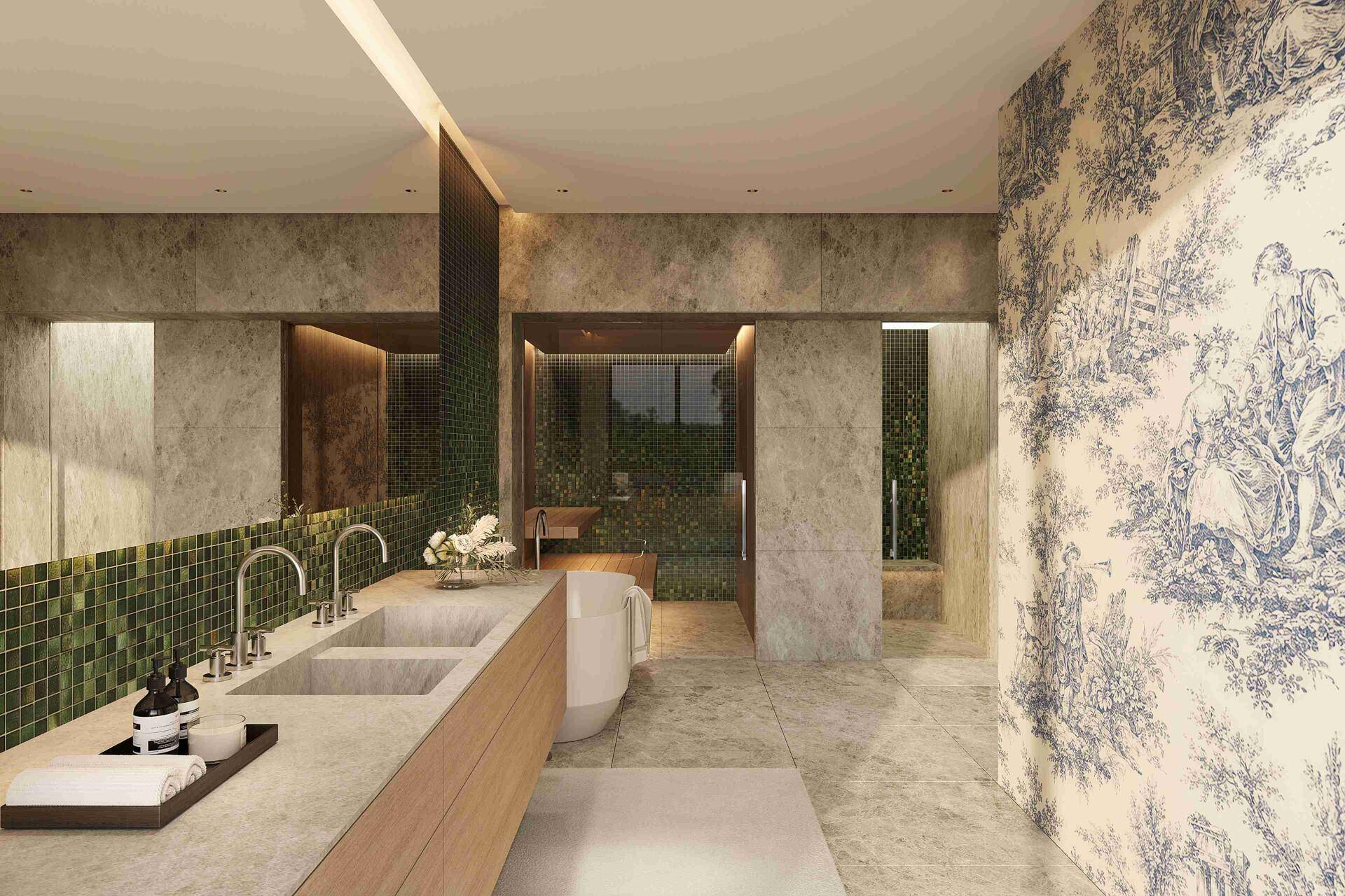 Modernes Badezimmer mit Doppelwaschbecken, grünen Mosaikfliesen und begehbarer Dusche.