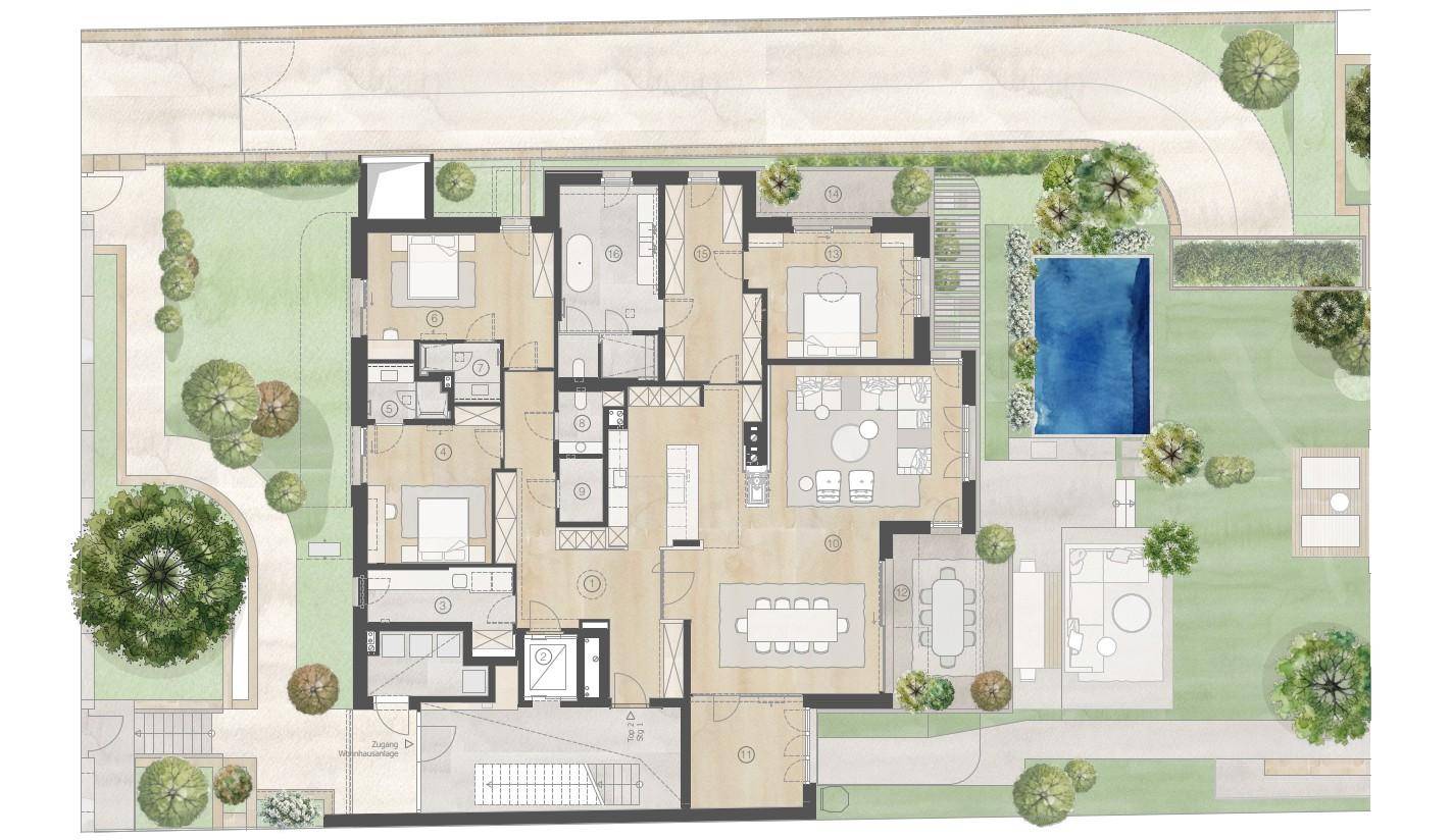Detaillierter Grundriss einer Immobilie mit mehreren Zimmern, Pool und Gartenbereichen.
