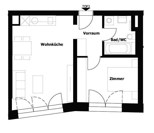 Grundriss einer Wohnung mit offener Wohnküche, einem Zimmer, Bad/WC und einem Balkon.