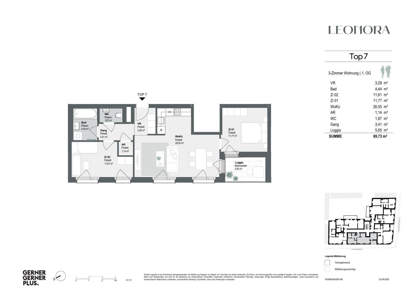 Grundriss einer 3-Zimmer-Wohnung mit Loggia, separatem WC und effizienter Raumaufteilung.